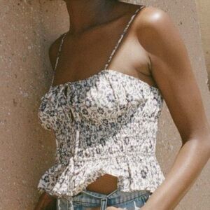 Doen Finella Cotton Ruffle Smocked Camisole Blouse Top Cream Jessamine Calico